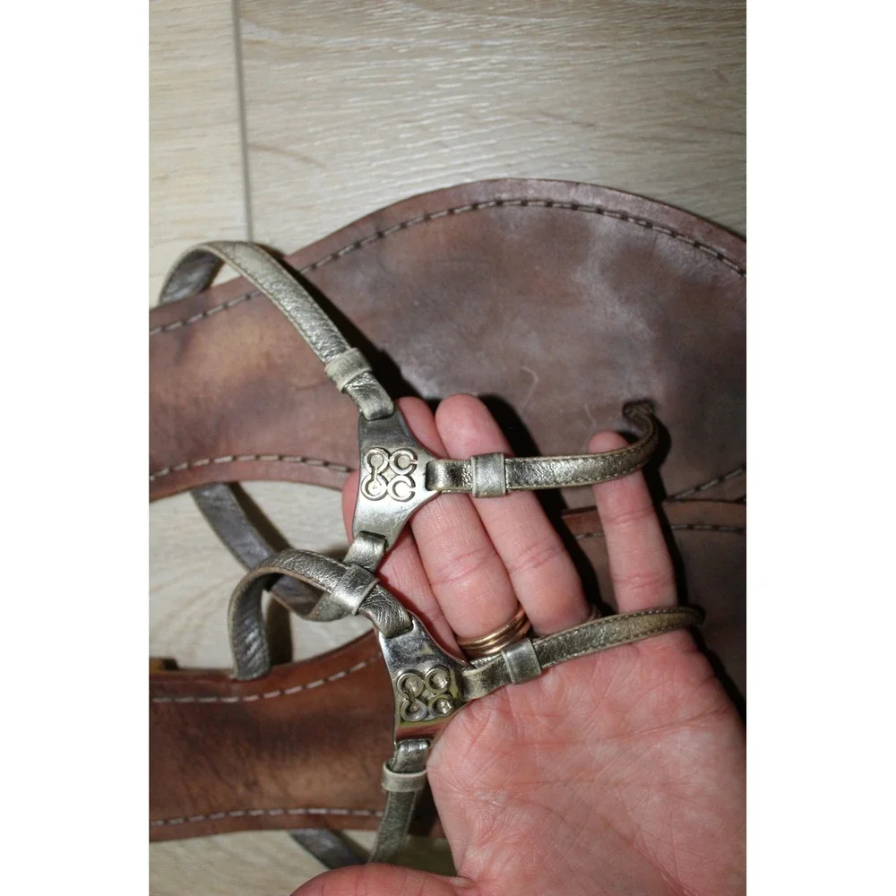 Coach Y2K Women's Leather Thong Sandals Metallic Silver Flip Flops Logo 10.5